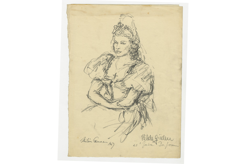 A pencil sketch of a women in a headdress, with curly hair, wearing a fancy dress with short puffed sleeves.